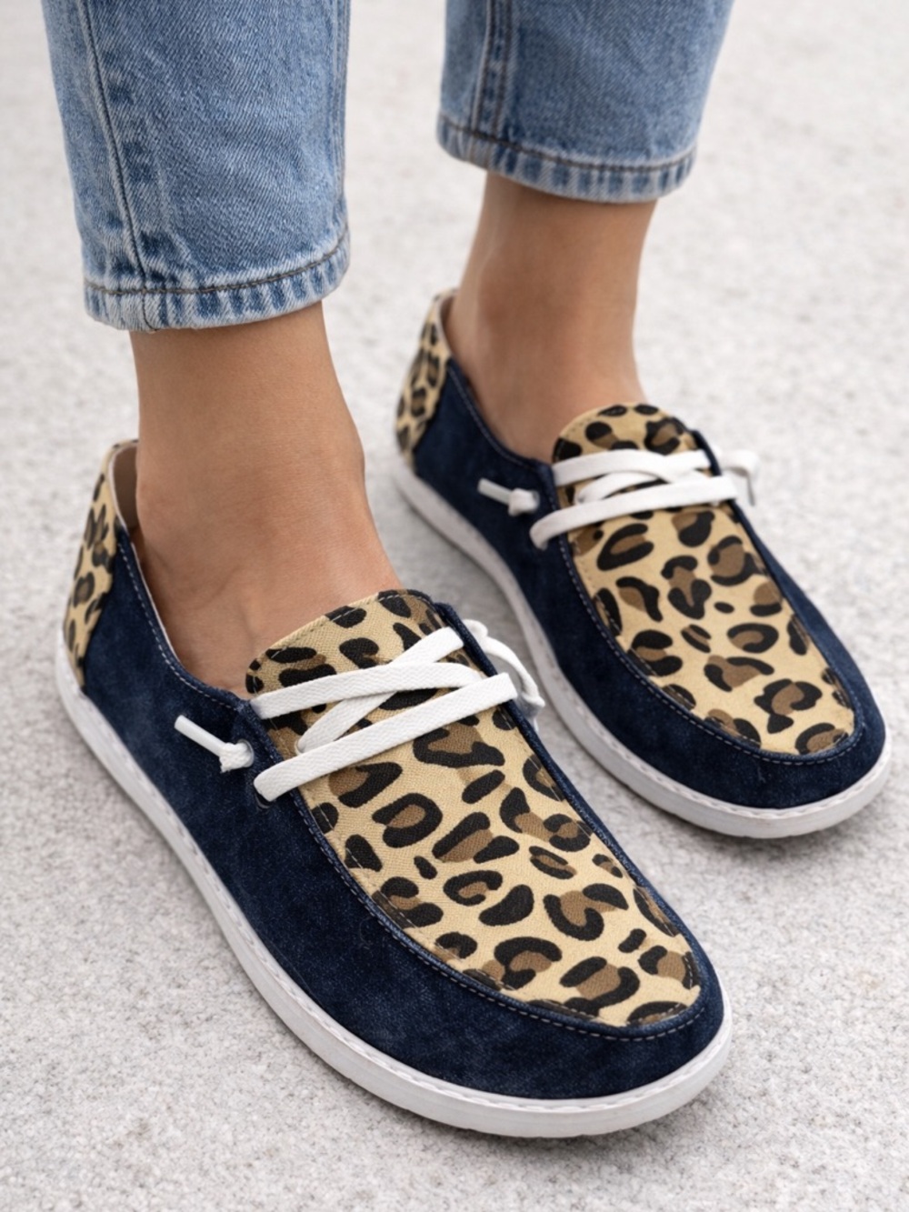 Women’s Leopard Print Canvas Boat Shoes - Navy & Tan